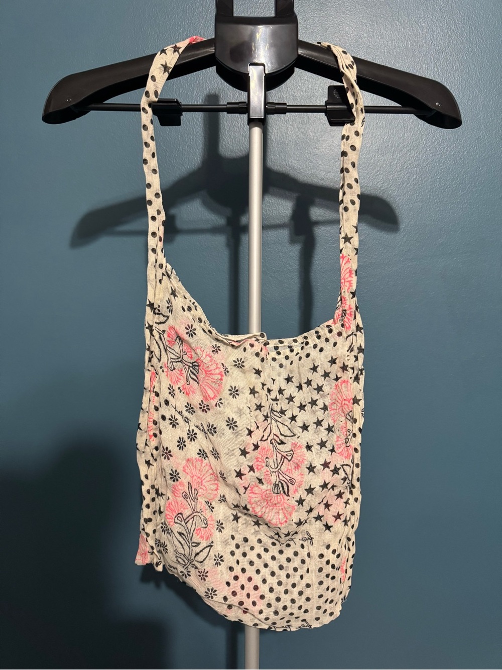 Free People Cream Tote with Pink Floral and Black Star Print
